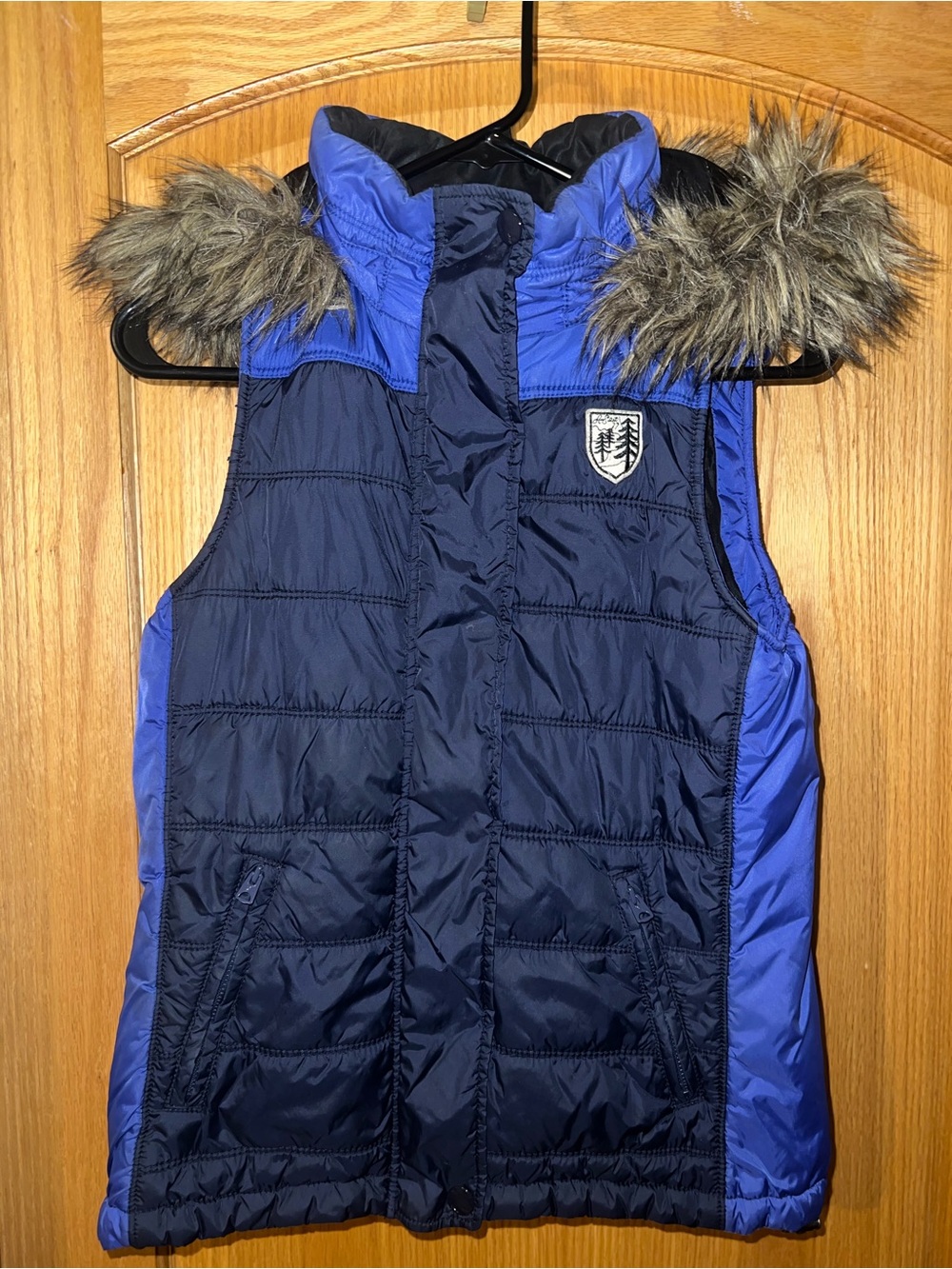 American Eagle Blue Puffer Vest with Faux Fur Hood